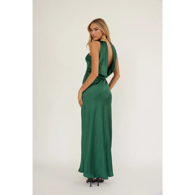 Emerald Satin Halter Maxi Dress