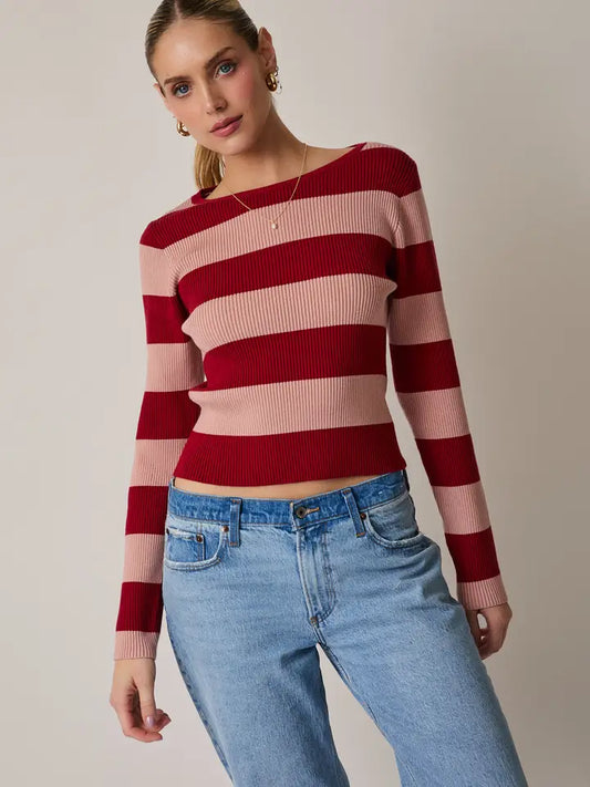 Round Neck Striped Ribbed Top