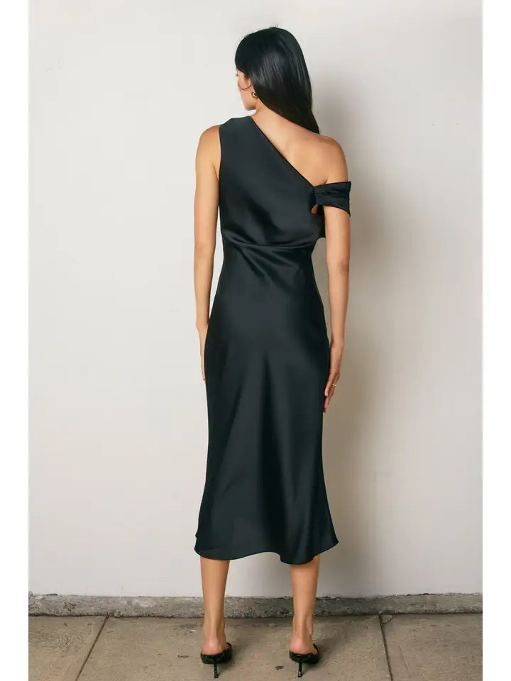Claire Satin Off Shoulder Midi Dress - Black