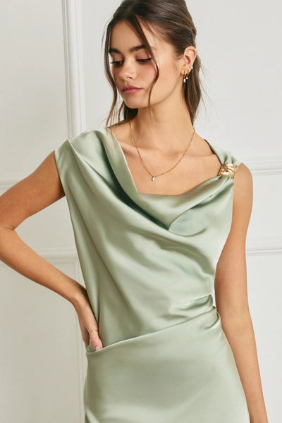 Claire Satin Off Shoulder Midi Dress - Sage