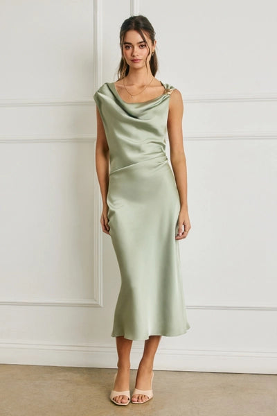 Claire Satin Off Shoulder Midi Dress - Sage