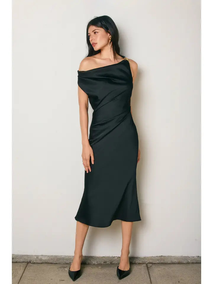 Claire Satin Off Shoulder Midi Dress - Black