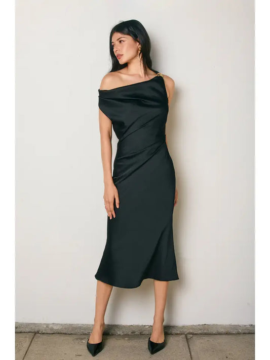 Claire Satin Off Shoulder Midi Dress - Black