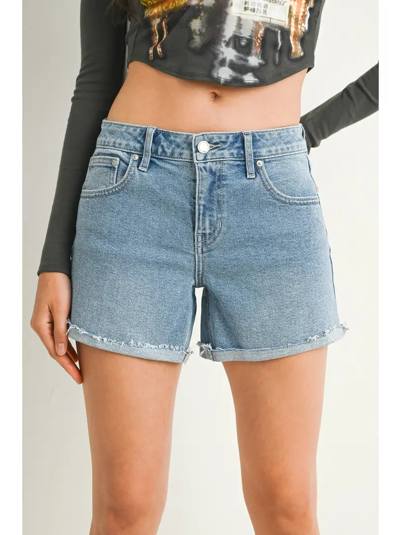 Mid Rise Cuffed Stretch Denim Short