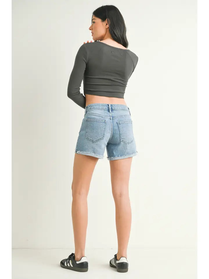 Mid Rise Cuffed Stretch Denim Short