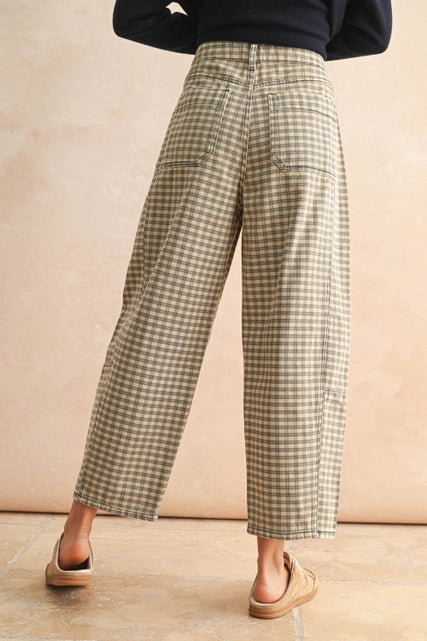 Barrel Leg Checkered Denim Pants
