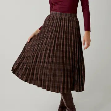 Brown Plaid Pleated Midi Skirt