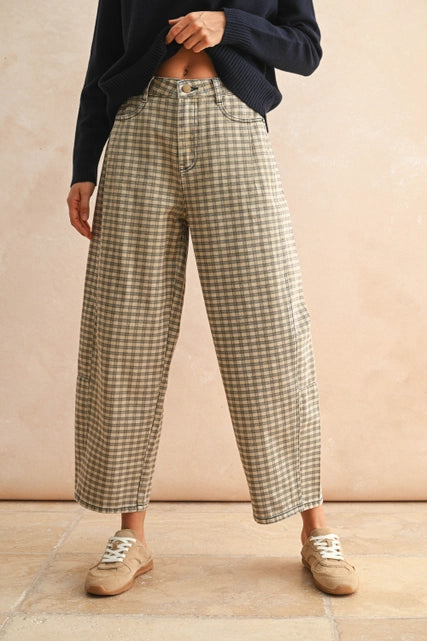 Barrel Leg Checkered Denim Pants
