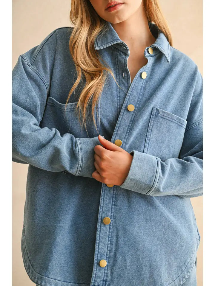 Washed Knitted Denim Shirt Jacket