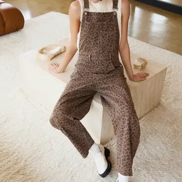 Barrel Leg Leopard Overalls