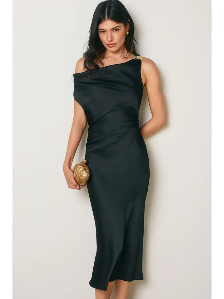 Claire Satin Off Shoulder Midi Dress - Black