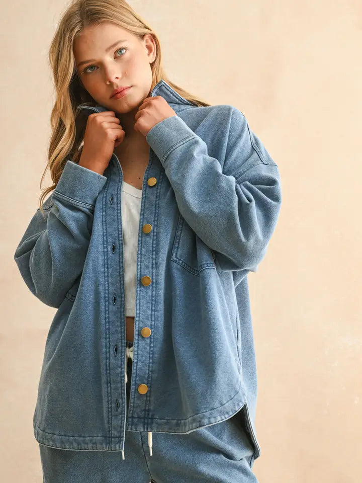 Washed Knitted Denim Shirt Jacket