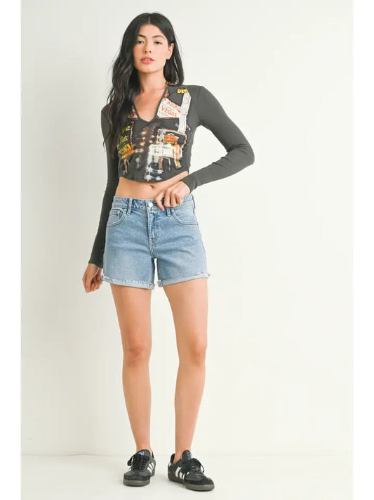 Mid Rise Cuffed Stretch Denim Short