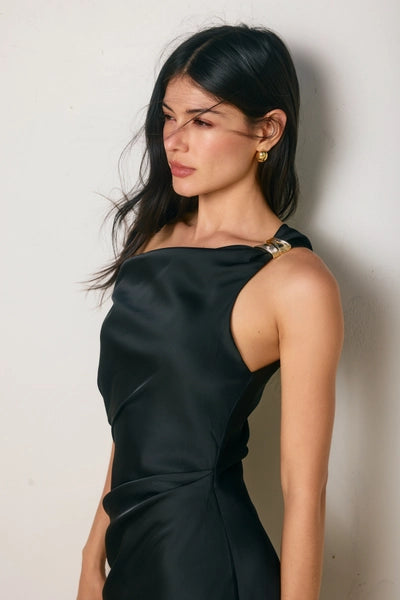 Claire Satin Off Shoulder Midi Dress - Black