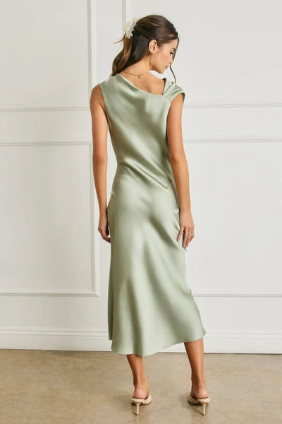 Claire Satin Off Shoulder Midi Dress - Sage